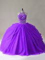 Purple Sweet 16 Dress Sweet 16 and Quinceanera with Beading Halter Top Sleeveless Lace Up