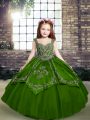 Great Sleeveless Floor Length Beading and Embroidery Lace Up Kids Formal Wear with Green