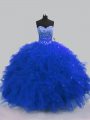 Floor Length Royal Blue 15 Quinceanera Dress Tulle Sleeveless Beading and Ruffles