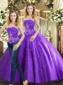 Strapless Sleeveless Lace Up Quinceanera Gown Purple Tulle