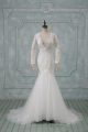 Deluxe White Mermaid Tulle V-neck Long Sleeves Lace Backless Wedding Gown Brush Train