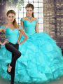 Aqua Blue 15 Quinceanera Dress Military Ball and Sweet 16 and Quinceanera with Beading and Ruffles Off The Shoulder Sleeveless Lace Up