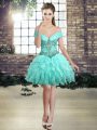 Aqua Blue Prom Dresses Prom and Party with Beading and Ruffles Off The Shoulder Sleeveless Lace Up