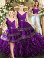 Noble Purple Three Pieces Beading and Embroidery and Ruffles Quinceanera Gown Backless Organza Sleeveless Floor Length