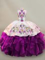 Modest Floor Length Lace Up Quinceanera Gown Purple for Party and Sweet 16 and Quinceanera with Embroidery