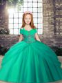 Stunning Turquoise Sleeveless Floor Length Beading Lace Up Little Girl Pageant Dress