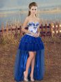 Royal Blue A-line Organza Sweetheart Sleeveless Embroidery and Ruffled Layers High Low Lace Up Prom Dress