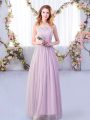 Excellent Scoop Sleeveless Dama Dress Floor Length Lace and Belt Lavender Tulle