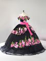 Black Sleeveless Brush Train Embroidery Quince Ball Gowns