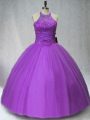 Dynamic Purple Halter Top Neckline Beading Quince Ball Gowns Sleeveless Lace Up