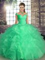 Hot Sale Turquoise Organza Lace Up Off The Shoulder Sleeveless Floor Length Quinceanera Gown Beading and Ruffles
