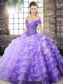 Lavender Quinceanera Gown Organza Brush Train Sleeveless Beading and Ruffled Layers