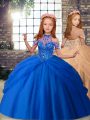 Blue and Peach High-neck Neckline Beading Pageant Gowns For Girls Sleeveless Lace Up