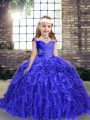 Custom Design Blue Straps Lace Up Beading and Ruffles Pageant Gowns Sleeveless