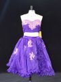 Chic Purple Sleeveless Mini Length Appliques and Ruffles Zipper Prom Dress
