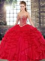 Fantastic Red Lace Up Ball Gown Prom Dress Beading and Ruffles Sleeveless Floor Length