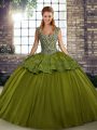 Cute Olive Green Tulle Lace Up Sweet 16 Dress Sleeveless Floor Length Beading and Appliques
