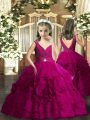 Fuchsia Backless Kids Pageant Dress Beading Sleeveless Floor Length
