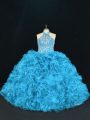 Blue Sleeveless Beading and Ruffles Floor Length 15th Birthday Dress