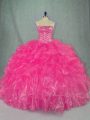 Traditional Organza Strapless Sleeveless Lace Up Beading and Ruffles Quinceanera Gowns in Hot Pink