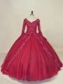 Red Ball Gowns Lace and Appliques Quinceanera Dress Lace Up Tulle Long Sleeves Floor Length