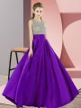 Popular Empire Prom Dresses Purple Scoop Elastic Woven Satin Sleeveless Floor Length Backless