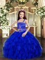 Wonderful Royal Blue Ball Gowns Beading and Ruffles Kids Formal Wear Lace Up Tulle Sleeveless Floor Length
