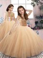 Sleeveless Floor Length Beading Lace Up Pageant Gowns For Girls with Champagne