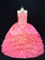 Stunning Halter Top Sleeveless Lace Up Quinceanera Gowns Pink Organza