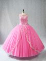 Elegant Rose Pink Tulle Lace Up Sweet 16 Dress Sleeveless Floor Length Beading and Appliques
