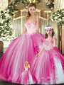 Lovely Fuchsia Lace Up Quince Ball Gowns Beading Sleeveless Floor Length