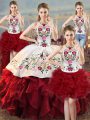 Eye-catching White And Red Halter Top Neckline Embroidery and Ruffles Quince Ball Gowns Sleeveless Lace Up