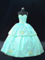Best Selling Aqua Blue Ball Gowns Sweetheart Sleeveless Satin Floor Length Lace Up Embroidery Quinceanera Dress
