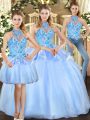 Organza Halter Top Sleeveless Lace Up Embroidery Sweet 16 Quinceanera Dress in Blue