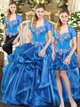 Wonderful Blue Sleeveless Organza Lace Up Quince Ball Gowns for Military Ball and Sweet 16 and Quinceanera