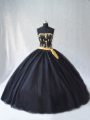 Suitable Tulle Strapless Sleeveless Lace Up Appliques Quinceanera Gowns in Black