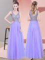 Graceful Floor Length Lavender Dress for Prom Tulle Sleeveless Beading