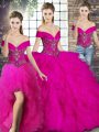 Discount Fuchsia Lace Up Quinceanera Dresses Beading and Ruffles Sleeveless Floor Length