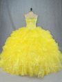 Free and Easy Yellow Sleeveless Asymmetrical Beading and Ruffles Lace Up Sweet 16 Dress