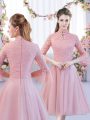 A-line Bridesmaid Gown Pink High-neck Tulle 3 4 Length Sleeve Tea Length Zipper