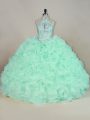 Comfortable Apple Green Fabric With Rolling Flowers Lace Up Sweet 16 Dress Sleeveless Brush Train Beading and Ruffles