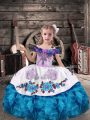 Excellent Aqua Blue Off The Shoulder Lace Up Beading and Embroidery and Ruffles Little Girl Pageant Dress Sleeveless