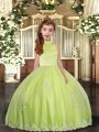Custom Designed Yellow Green Tulle Backless Pageant Dress for Womens Sleeveless Floor Length Beading and Appliques