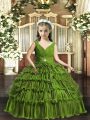 Custom Designed Olive Green Backless Girls Pageant Dresses Beading and Ruffled Layers Sleeveless Floor Length
