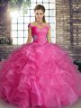 Most Popular Rose Pink Sleeveless Beading and Ruffles Floor Length 15th Birthday Dress