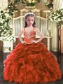 Stunning Rust Red Ball Gowns Beading and Ruffles Girls Pageant Dresses Lace Up Organza Sleeveless Floor Length