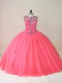 Best Selling Floor Length Watermelon Red 15 Quinceanera Dress Tulle Sleeveless Beading