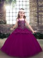 Custom Design Floor Length Lace Up Little Girls Pageant Gowns Fuchsia for Party and Military Ball and Wedding Party with Beading