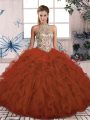 Rust Red Halter Top Neckline Beading and Ruffles Quinceanera Dresses Sleeveless Lace Up