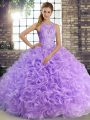 Popular Fabric With Rolling Flowers Sleeveless Floor Length Quinceanera Dresses and Beading